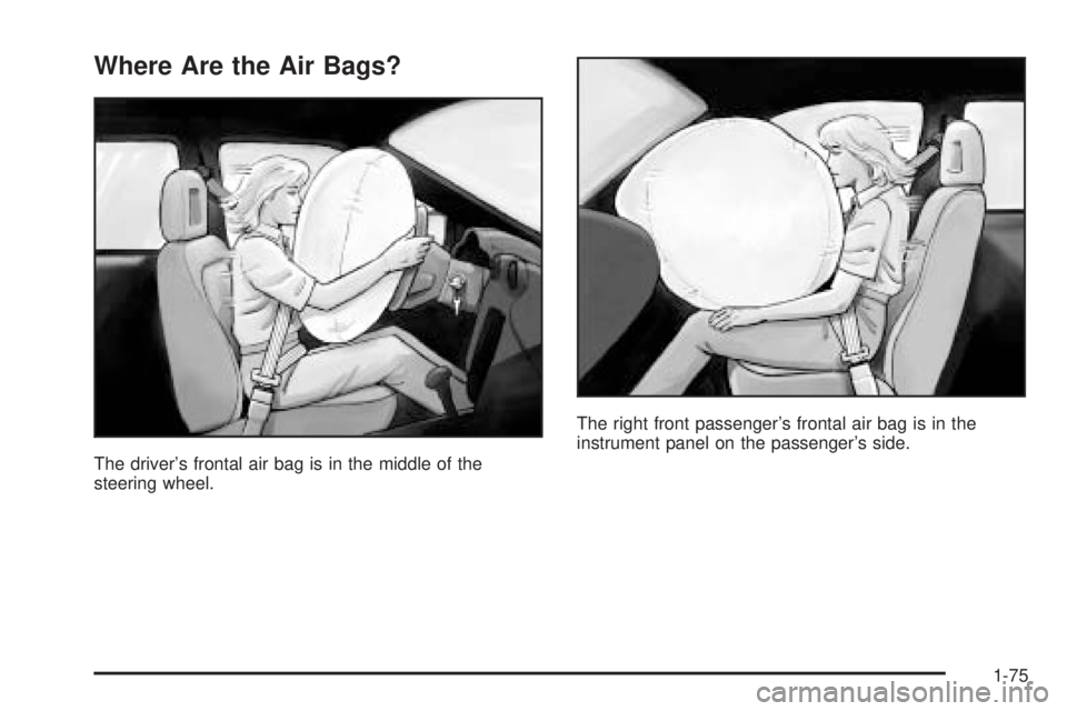 BUICK RANDEZVOUS 2004  Owners Manual Where Are the Air Bags?
The driver’s frontal air bag is in the middle of the
steering wheel.The right front passenger’s frontal air bag is in the
instrument panel on the passenger’s side.
1-75 