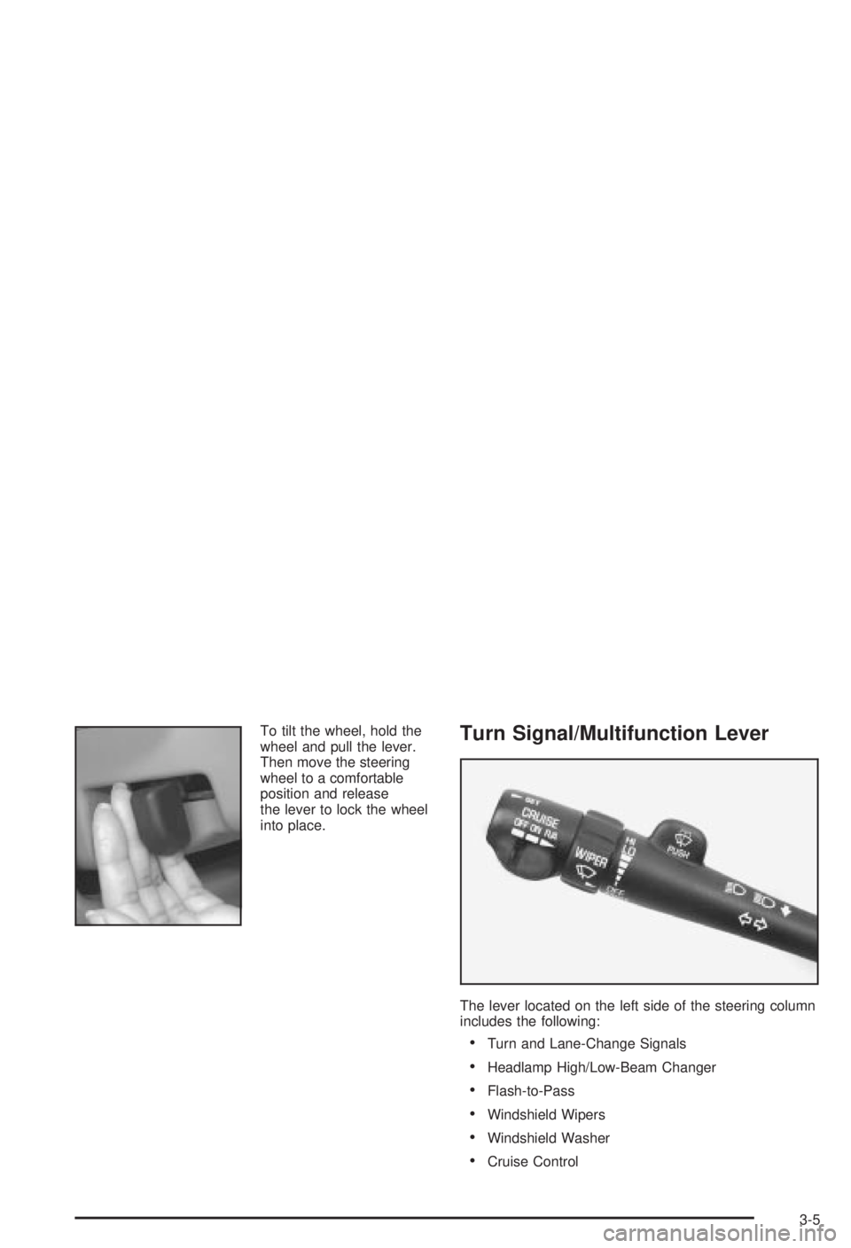 BUICK CENTURY 2003 Owners Manual To tilt the wheel, hold the
wheel and pull the lever.
Then move the steering
wheel to a comfortable
position and release
the lever to lock the wheel
into place.Turn Signal/Multifunction Lever
The leve BUICK CENTURY 2003 Owners Manual To tilt the wheel, hold the
wheel and pull the lever.
Then move the steering
wheel to a comfortable
position and release
the lever to lock the wheel
into place.Turn Signal/Multifunction Lever
The leve
