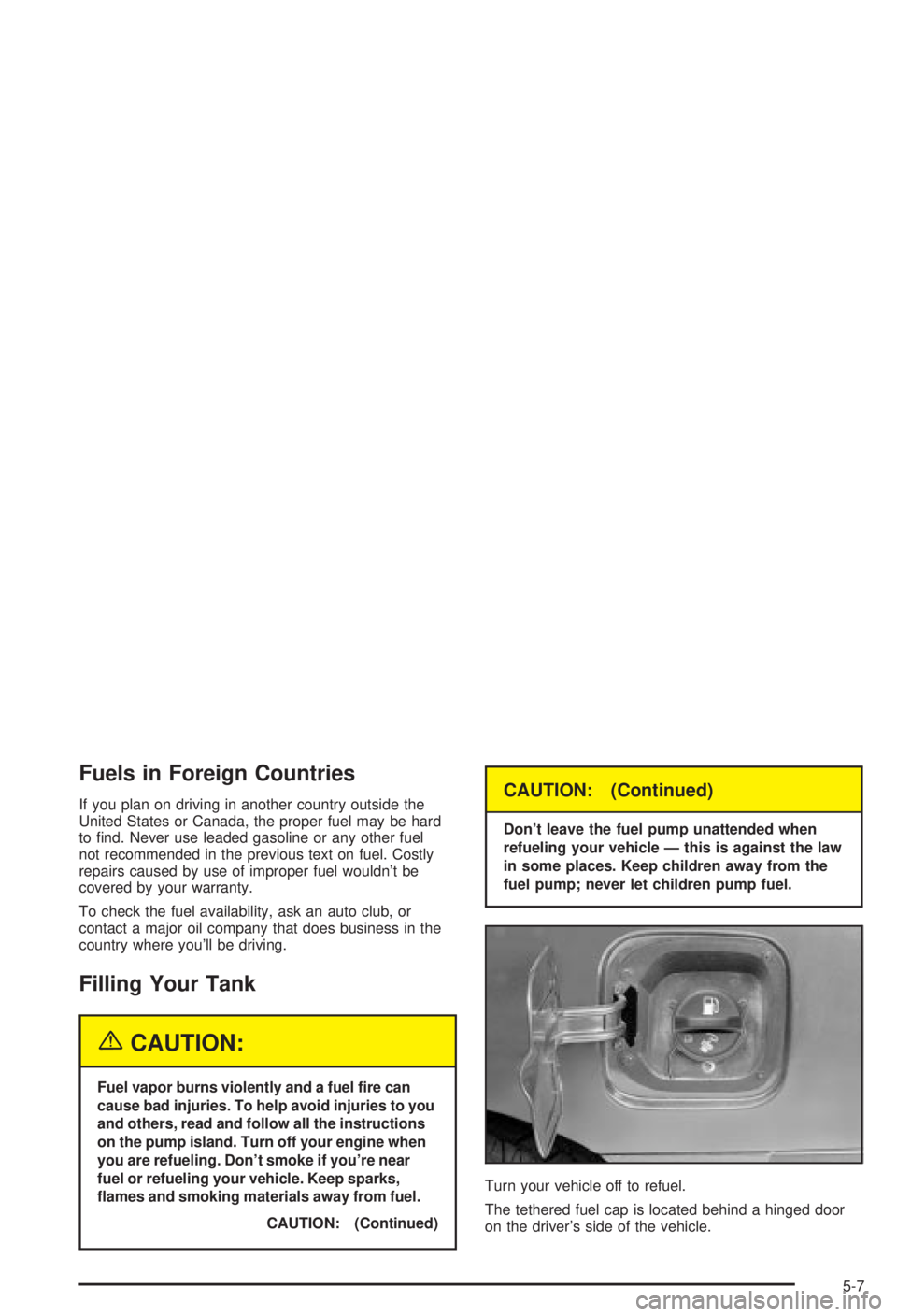 BUICK CENTURY 2003 User Guide Fuels in Foreign Countries
If you plan on driving in another country outside the
United States or Canada, the proper fuel may be hard
to ®nd. Never use leaded gasoline or any other fuel
not recommend