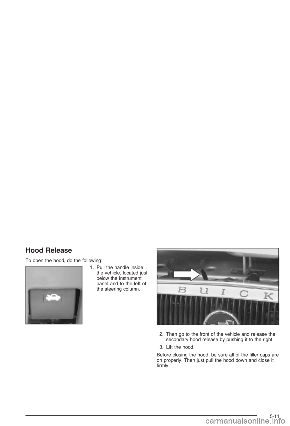 BUICK CENTURY 2003 Owners Manual Hood Release
To open the hood, do the following:
1. Pull the handle inside
the vehicle, located just
below the instrument
panel and to the left of
the steering column.
2. Then go to the front of the v BUICK CENTURY 2003 Owners Manual Hood Release
To open the hood, do the following:
1. Pull the handle inside
the vehicle, located just
below the instrument
panel and to the left of
the steering column.
2. Then go to the front of the v