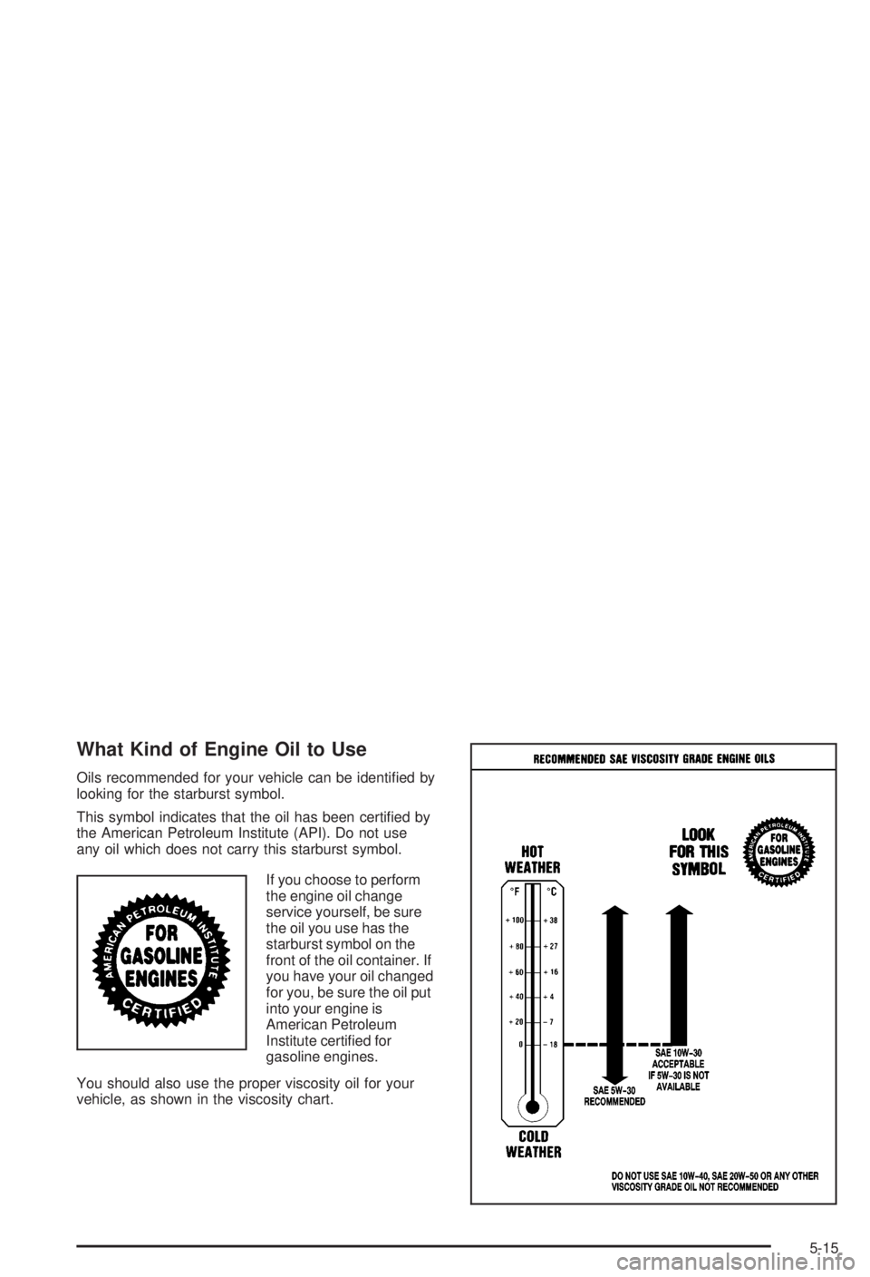 BUICK CENTURY 2003 Workshop Manual What Kind of Engine Oil to Use
Oils recommended for your vehicle can be identi®ed by
looking for the starburst symbol.
This symbol indicates that the oil has been certi®ed by
the American Petroleum 