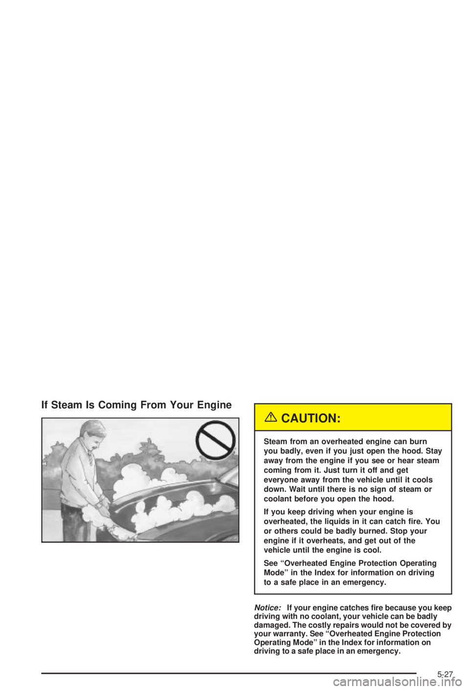 BUICK CENTURY 2003 User Guide If Steam Is Coming From Your Engine
{CAUTION:
Steam from an overheated engine can burn
you badly, even if you just open the hood. Stay
away from the engine if you see or hear steam
coming from it. Jus BUICK CENTURY 2003 User Guide If Steam Is Coming From Your Engine
{CAUTION:
Steam from an overheated engine can burn
you badly, even if you just open the hood. Stay
away from the engine if you see or hear steam
coming from it. Jus