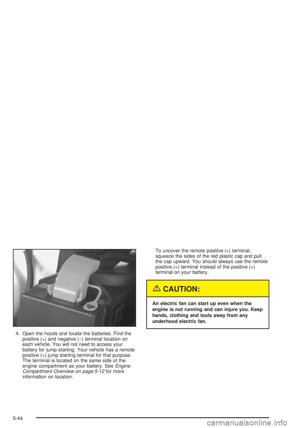 BUICK CENTURY 2003 Manual PDF 4. Open the hoods and locate the batteries. Find the
positive (+) and negative (-) terminal location on
each vehicle. You will not need to access your
battery for jump starting. Your vehicle has a rem
