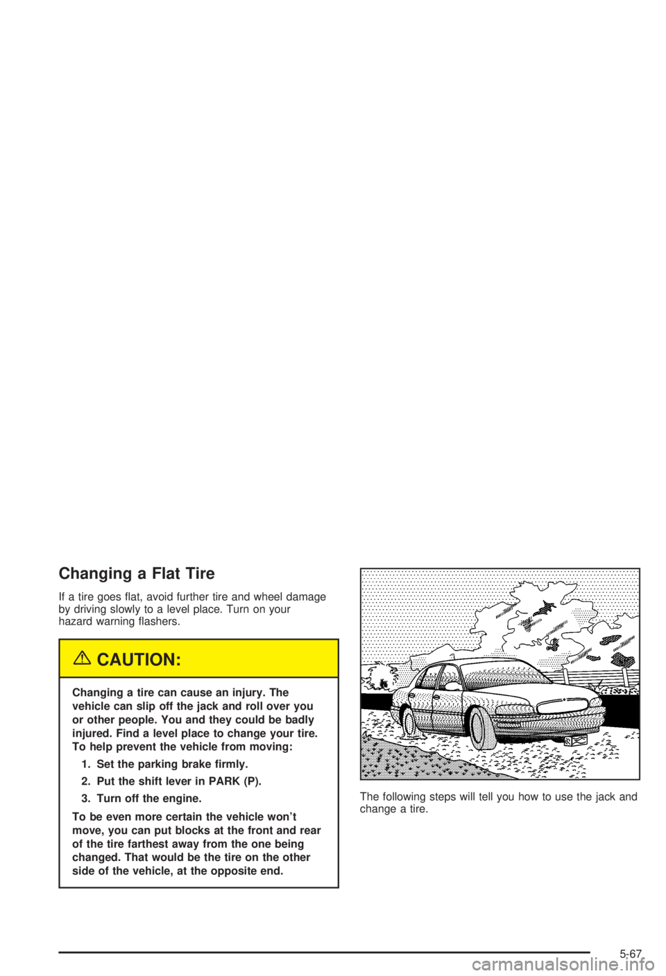 BUICK CENTURY 2003 Manual Online Changing a Flat Tire
If a tire goes ¯at, avoid further tire and wheel damage
by driving slowly to a level place. Turn on your
hazard warning ¯ashers.
{CAUTION:
Changing a tire can cause an injury. T