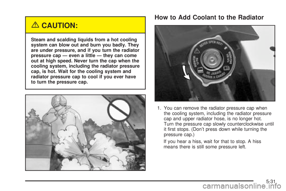 BUICK LESABRE 2003  Owners Manual {CAUTION:
Steam and scalding liquids from a hot cooling
system can blow out and burn you badly. They
are under pressure, and if you turn the radiator
pressure cap Ð even a little Ð they can come
out