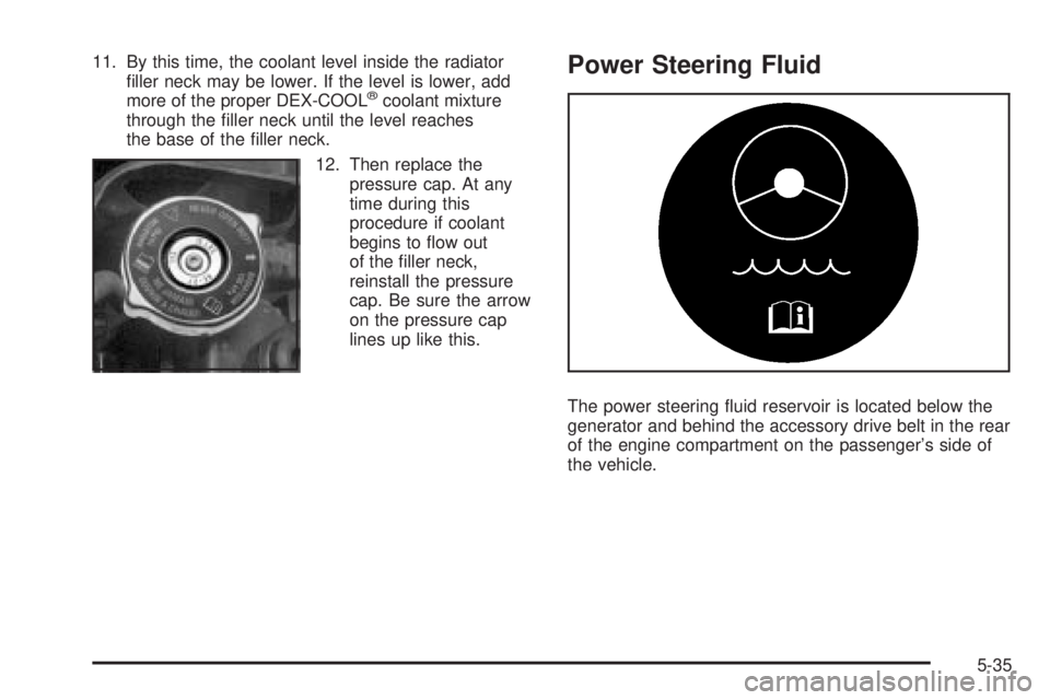 BUICK LESABRE 2003  Owners Manual 11. By this time, the coolant level inside the radiator
®ller neck may be lower. If the level is lower, add
more of the proper DEX-COOL
žcoolant mixture
through the ®ller neck until the level reach