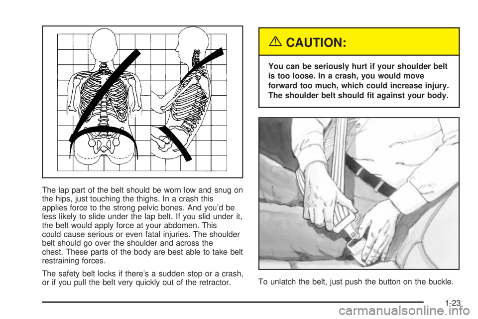 BUICK LESABRE 2003 Owners Guide The lap part of the belt should be worn low and snug on
the hips, just touching the thighs. In a crash this
applies force to the strong pelvic bones. And youd be
less likely to slide under the lap be