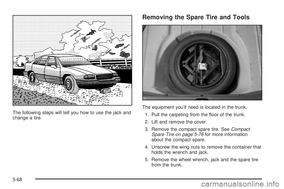 BUICK LESABRE 2003  Owners Manual The following steps will tell you how to use the jack and
change a tire.
Removing the Spare Tire and Tools
The equipment youll need is located in the trunk.
1. Pull the carpeting from the ¯oor of th