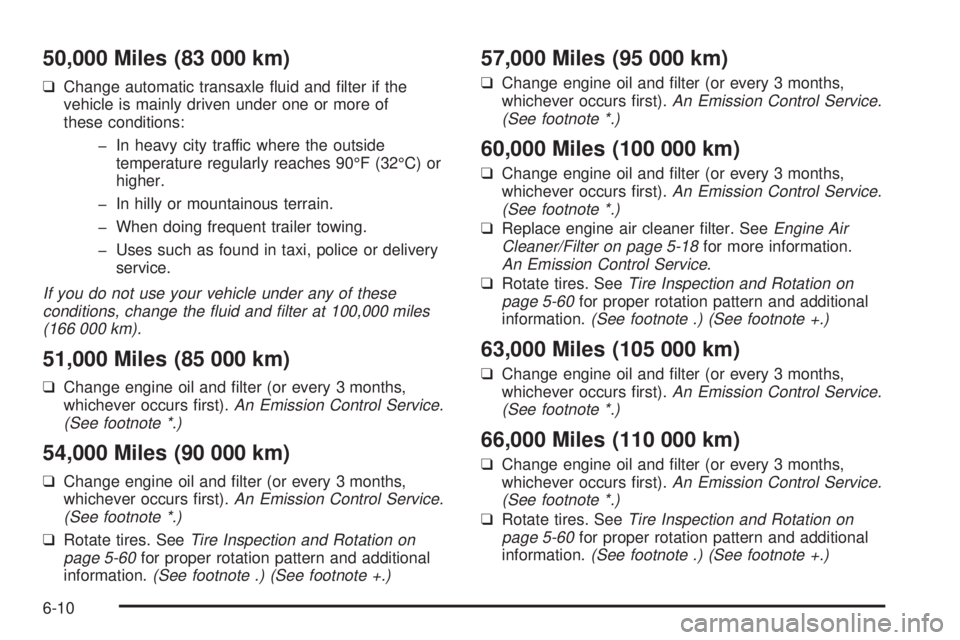 BUICK LESABRE 2003  Owners Manual 50,000 Miles (83 000 km)
qChange automatic transaxle ¯uid and ®lter if the
vehicle is mainly driven under one or more of
these conditions:
þ In heavy city traffic where the outside
temperature regu