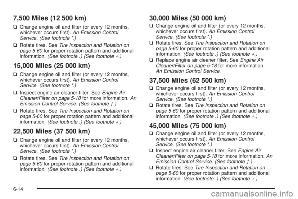 BUICK LESABRE 2003  Owners Manual 7,500 Miles (12 500 km)
qChange engine oil and ®lter (or every 12 months,
whichever occurs ®rst).An Emission Control
Service. (See footnote *.)
qRotate tires. SeeTire Inspection and Rotation on
page