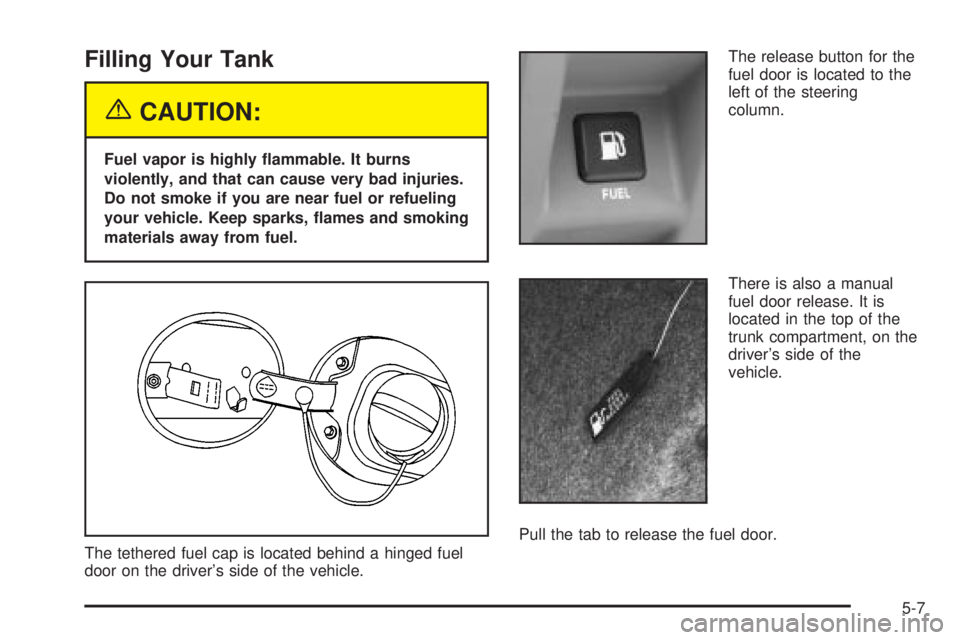 BUICK PARK AVENUE 2003 Owners Manual Filling Your Tank
{CAUTION:
Fuel vapor is highly ¯ammable. It burns
violently, and that can cause very bad injuries.
Do not smoke if you are near fuel or refueling
your vehicle. Keep sparks, ¯ames a BUICK PARK AVENUE 2003 Owners Manual Filling Your Tank
{CAUTION:
Fuel vapor is highly ¯ammable. It burns
violently, and that can cause very bad injuries.
Do not smoke if you are near fuel or refueling
your vehicle. Keep sparks, ¯ames a