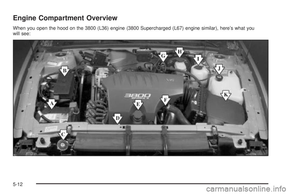 BUICK PARK AVENUE 2003 Owners Manual Engine Compartment Overview
When you open the hood on the 3800 (L36) engine (3800 Supercharged (L67) engine similar), heres what you
will see:
5-12 BUICK PARK AVENUE 2003 Owners Manual Engine Compartment Overview
When you open the hood on the 3800 (L36) engine (3800 Supercharged (L67) engine similar), heres what you
will see:
5-12
