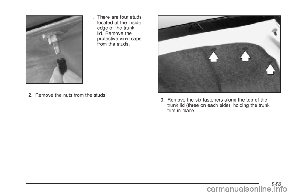 BUICK PARK AVENUE 2003  Owners Manual 1. There are four studs
located at the inside
edge of the trunk
lid. Remove the
protective vinyl caps
from the studs.
2. Remove the nuts from the studs.
3. Remove the six fasteners along the top of th