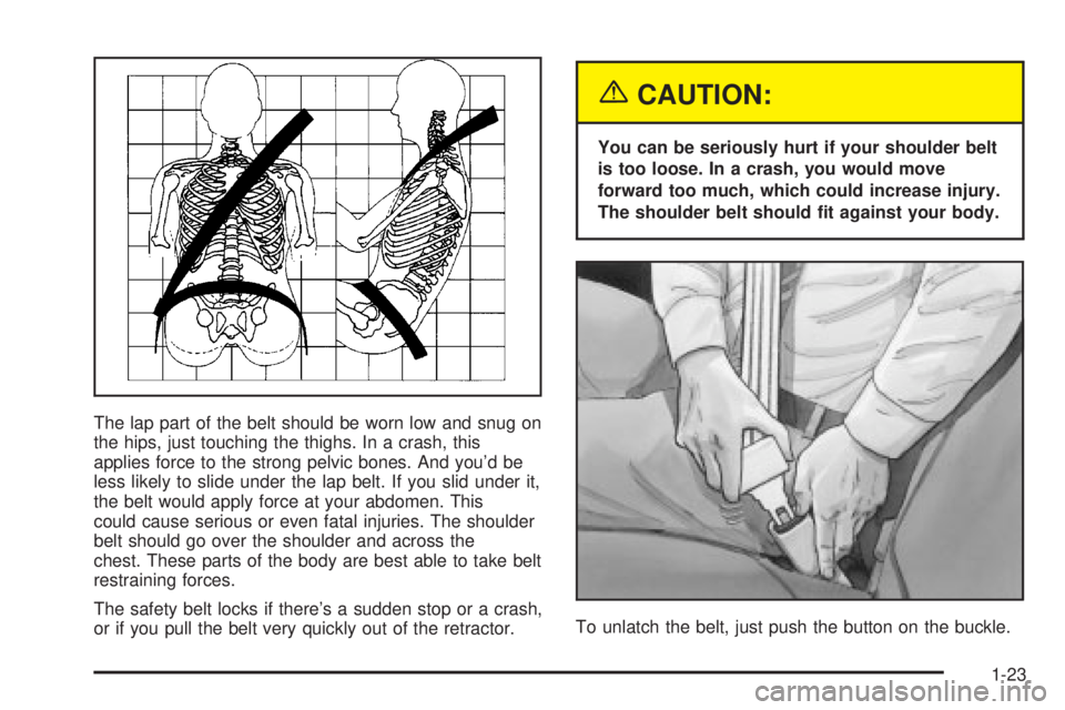 BUICK PARK AVENUE 2003 Owners Guide The lap part of the belt should be worn low and snug on
the hips, just touching the thighs. In a crash, this
applies force to the strong pelvic bones. And youd be
less likely to slide under the lap b