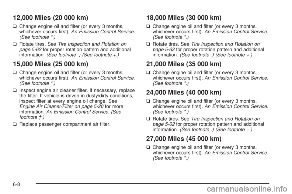 BUICK PARK AVENUE 2003 Owners Manual 12,000 Miles (20 000 km)
qChange engine oil and ®lter (or every 3 months,
whichever occurs ®rst).An Emission Control Service.
(See footnote *.)
qRotate tires. SeeTire Inspection and Rotation on
page BUICK PARK AVENUE 2003 Owners Manual 12,000 Miles (20 000 km)
qChange engine oil and ®lter (or every 3 months,
whichever occurs ®rst).An Emission Control Service.
(See footnote *.)
qRotate tires. SeeTire Inspection and Rotation on
page