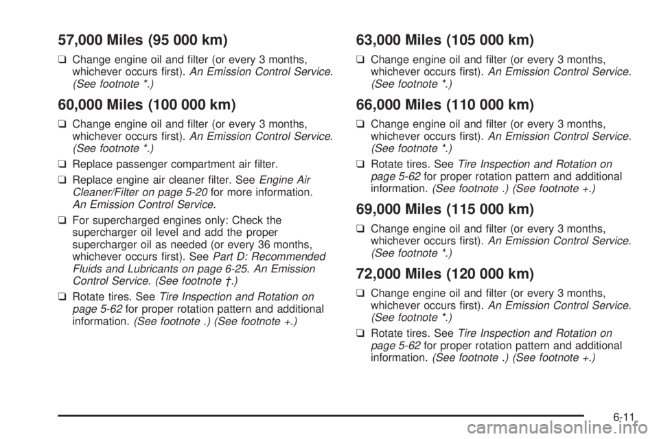 BUICK PARK AVENUE 2003 Owners Manual 57,000 Miles (95 000 km)
qChange engine oil and ®lter (or every 3 months,
whichever occurs ®rst).An Emission Control Service.
(See footnote *.)
60,000 Miles (100 000 km)
qChange engine oil and ®lte BUICK PARK AVENUE 2003 Owners Manual 57,000 Miles (95 000 km)
qChange engine oil and ®lter (or every 3 months,
whichever occurs ®rst).An Emission Control Service.
(See footnote *.)
60,000 Miles (100 000 km)
qChange engine oil and ®lte
