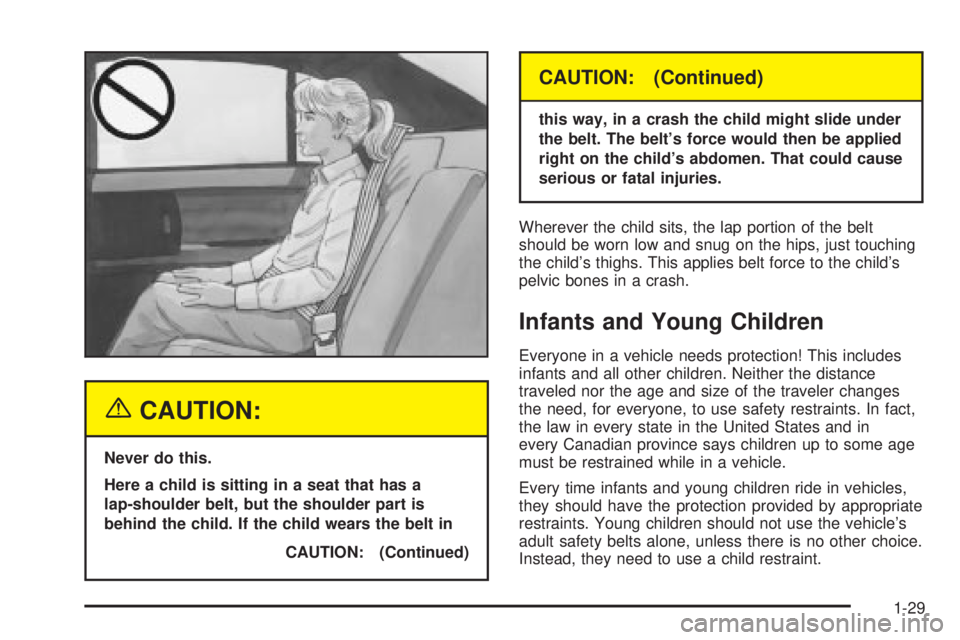 BUICK PARK AVENUE 2003 Owners Guide {CAUTION:
Never do this.
Here a child is sitting in a seat that has a
lap-shoulder belt, but the shoulder part is
behind the child. If the child wears the belt in
CAUTION: (Continued)
CAUTION: (Contin