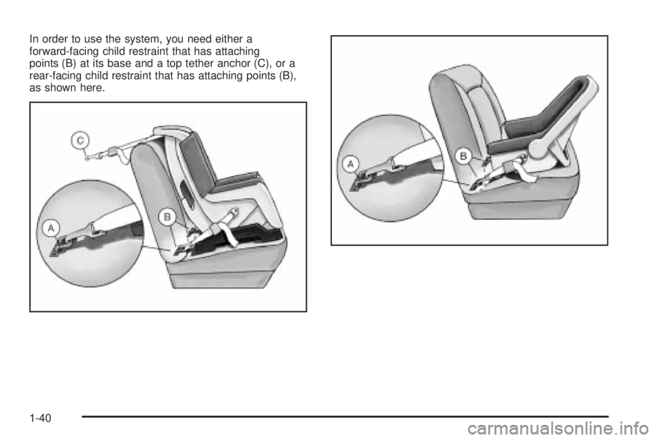 BUICK PARK AVENUE 2003 Service Manual In order to use the system, you need either a
forward-facing child restraint that has attaching
points (B) at its base and a top tether anchor (C), or a
rear-facing child restraint that has attaching 