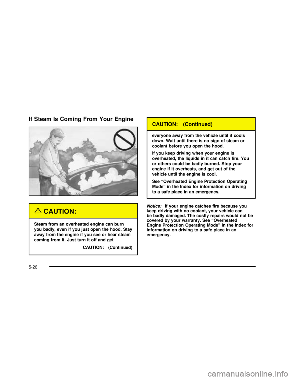 BUICK REGAL 2003  Owners Manual If Steam Is Coming From Your Engine
{CAUTION:
Steam from an overheated engine can burn
you badly, even if you just open the hood. Stay
away from the engine if you see or hear steam
coming from it. Jus