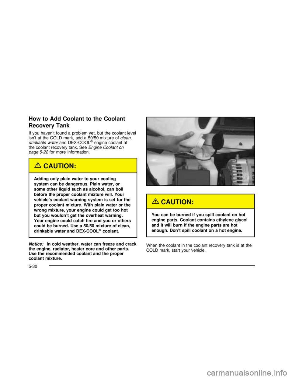 BUICK REGAL 2003  Owners Manual How to Add Coolant to the Coolant
Recovery Tank
If you haven’t found a problem yet, but the coolant level
isn’t at the COLD mark, add a 50/50 mixture ofclean,
drinkable waterand DEX-COOL
®engine 