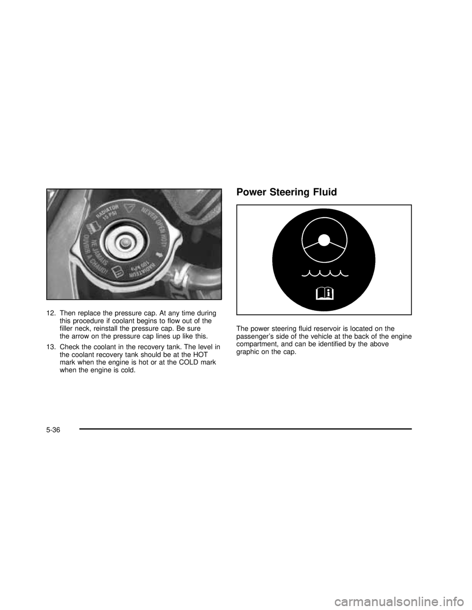 BUICK REGAL 2003  Owners Manual 12. Then replace the pressure cap. At any time during
this procedure if coolant begins toﬂow out of the
ﬁller neck, reinstall the pressure cap. Be sure
the arrow on the pressure cap lines up like 