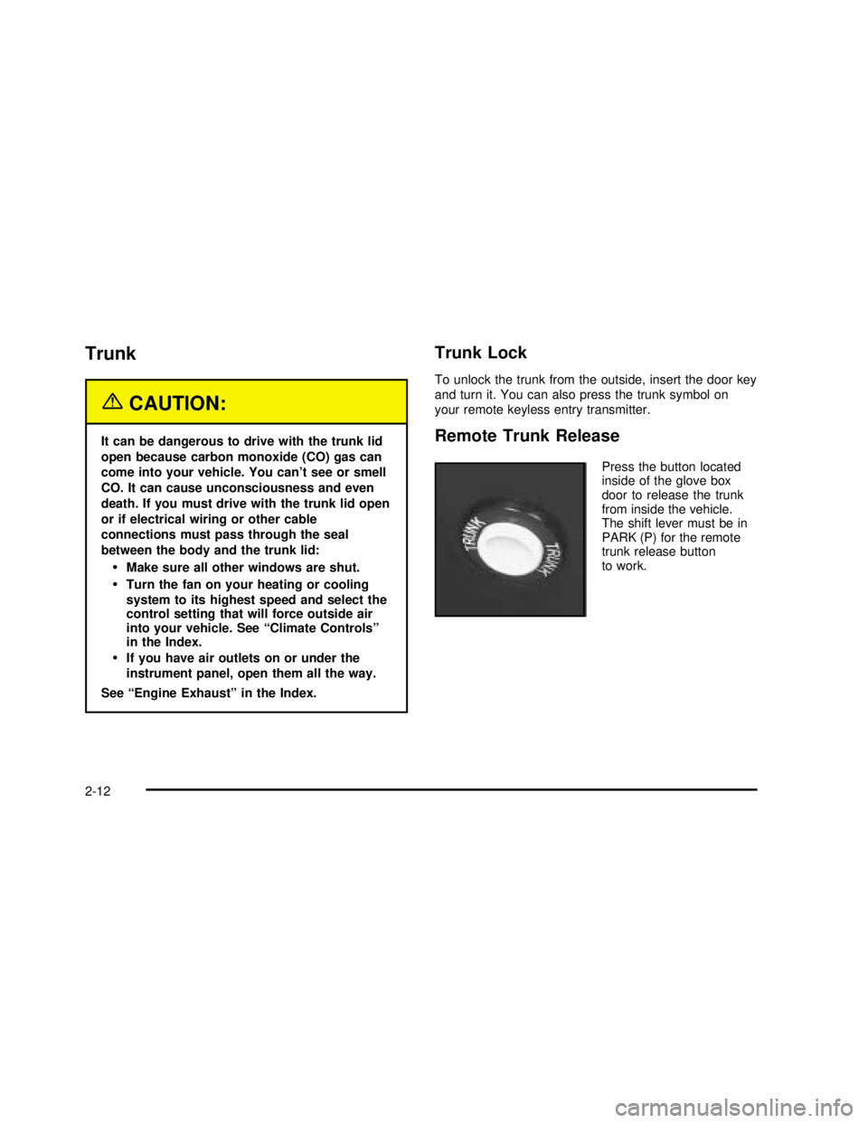 BUICK REGAL 2003  Owners Manual Trunk
{CAUTION:
It can be dangerous to drive with the trunk lid
open because carbon monoxide (CO) gas can
come into your vehicle. You can’t see or smell
CO. It can cause unconsciousness and even
dea