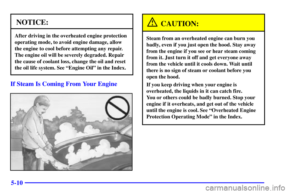 BUICK CENTURY 2002  Owners Manual 5-10
NOTICE:
After driving in the overheated engine protection
operating mode, to avoid engine damage, allow
the engine to cool before attempting any repair.
The engine oil will be severely degraded. 