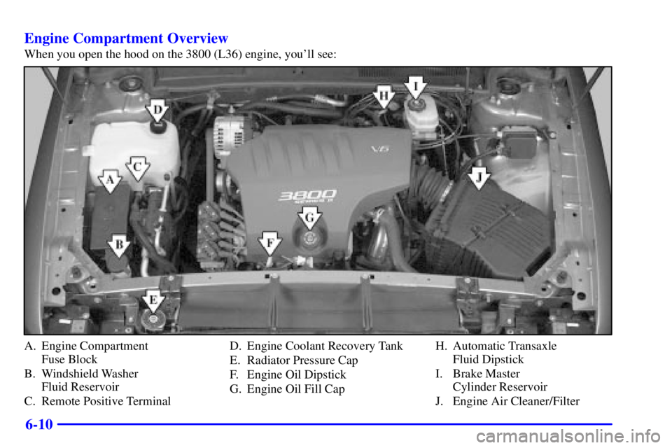 BUICK LESABRE 2002  Owners Manual 6-10 Engine Compartment Overview
When you open the hood on the 3800 (L36) engine, youll see:
A. Engine Compartment 
Fuse Block
B. Windshield Washer 
Fluid Reservoir
C. Remote Positive TerminalD. Engi