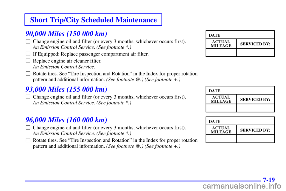 BUICK LESABRE 2002 Owners Guide Short Trip/City Scheduled Maintenance
7-19
90,000 Miles (150 000 km)
Change engine oil and filter (or every 3 months, whichever occurs first). 
An Emission Control Service. (See footnote *.) 
If Equ