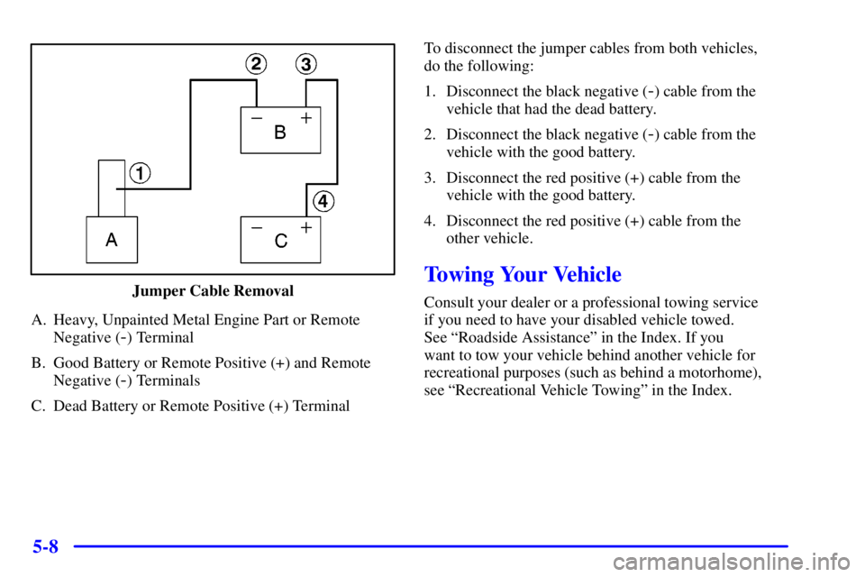 BUICK PARK AVENUE 2002  Owners Manual 5-8
Jumper Cable Removal
A. Heavy, Unpainted Metal Engine Part or Remote
Negative (
-) Terminal
B. Good Battery or Remote Positive (+) and Remote
Negative (
-) Terminals
C. Dead Battery or Remote Posi