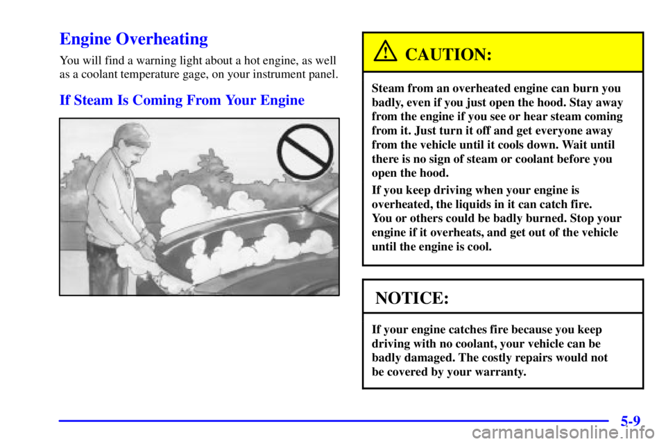 BUICK PARK AVENUE 2002  Owners Manual 5-9
Engine Overheating
You will find a warning light about a hot engine, as well
as a coolant temperature gage, on your instrument panel.
If Steam Is Coming From Your Engine
CAUTION:
Steam from an ove