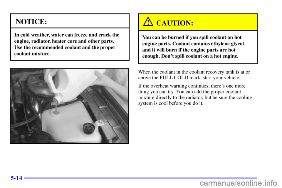 BUICK PARK AVENUE 2002  Owners Manual 5-14
NOTICE:
In cold weather, water can freeze and crack the
engine, radiator, heater core and other parts. 
Use the recommended coolant and the proper
coolant mixture.
CAUTION:
You can be burned if y