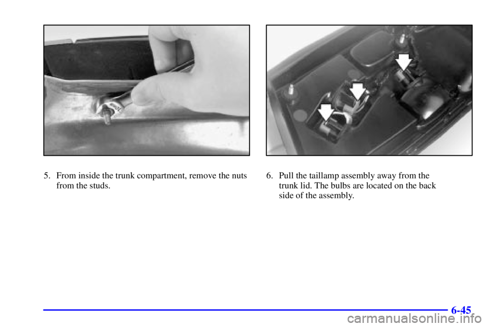 BUICK PARK AVENUE 2002  Owners Manual 6-45
5. From inside the trunk compartment, remove the nuts
from the studs.6. Pull the taillamp assembly away from the 
trunk lid. The bulbs are located on the back 
side of the assembly. 