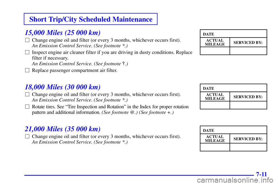 BUICK PARK AVENUE 2002  Owners Manual Short Trip/City Scheduled Maintenance
7-11
15,000 Miles (25 000 km)
Change engine oil and filter (or every 3 months, whichever occurs first). 
An Emission Control Service. (See footnote *.) 
Inspect