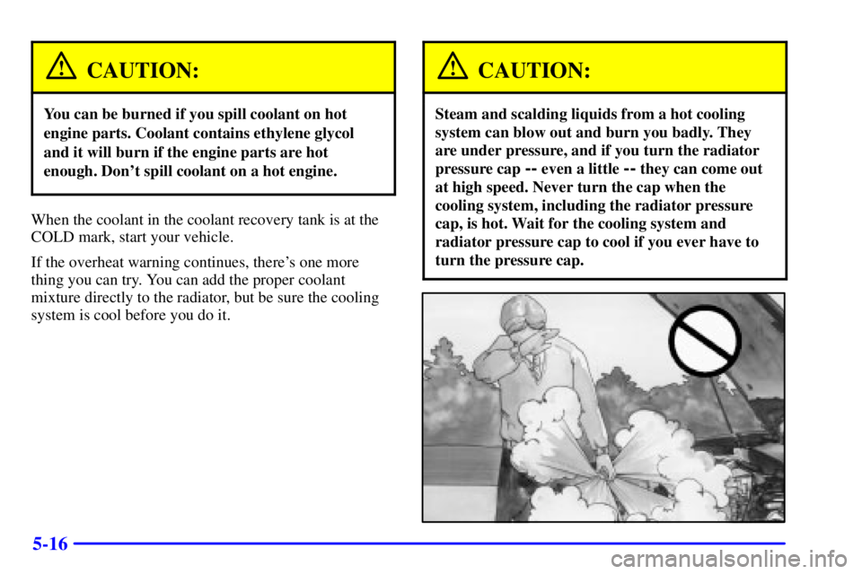BUICK REGAL 2002 Repair Manual 5-16
CAUTION:
You can be burned if you spill coolant on hot
engine parts. Coolant contains ethylene glycol
and it will burn if the engine parts are hot
enough. Dont spill coolant on a hot engine.
Whe