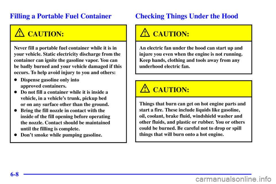 BUICK REGAL 2002 Owners Guide 6-8
Filling a Portable Fuel Container
CAUTION:
Never fill a portable fuel container while it is in
your vehicle. Static electricity discharge from the
container can ignite the gasoline vapor. You can
