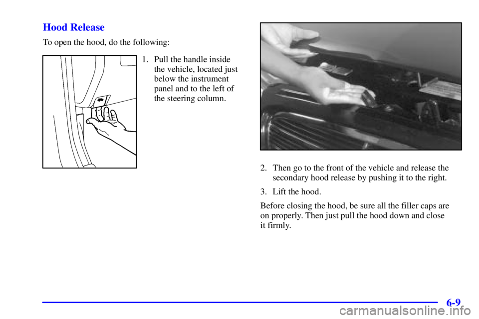 BUICK REGAL 2002  Owners Manual 6-9 Hood Release
To open the hood, do the following:
1. Pull the handle inside
the vehicle, located just
below the instrument
panel and to the left of
the steering column.
2. Then go to the front of t