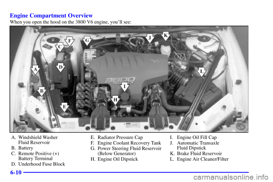 BUICK REGAL 2002  Owners Manual 6-10 Engine Compartment Overview
When you open the hood on the 3800 V6 engine, youll see:
A. Windshield Washer 
Fluid Reservoir
B. Battery
C. Remote Positive (+) 
Battery Terminal
D. Underhood Fuse B