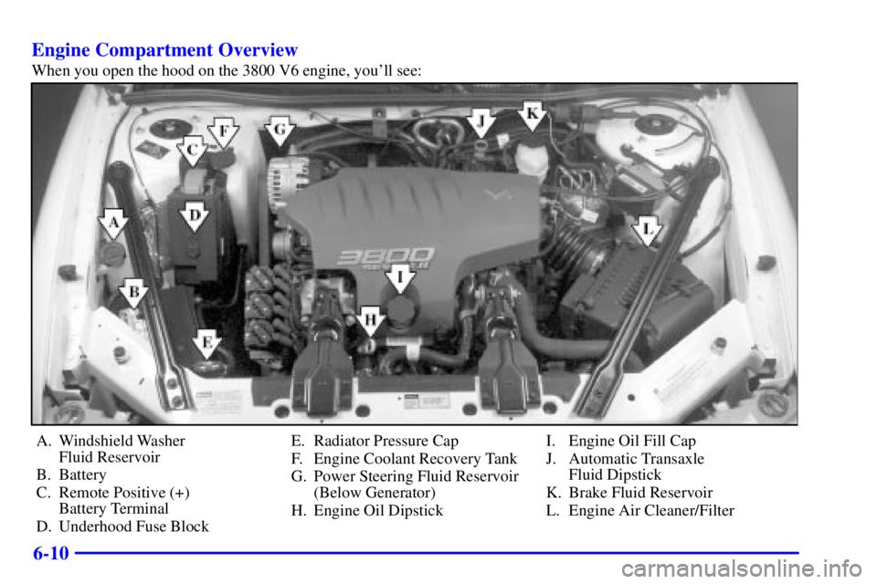 BUICK REGAL 2002 Manual Online 6-10 Engine Compartment Overview
When you open the hood on the 3800 V6 engine, youll see:
A. Windshield Washer 
Fluid Reservoir
B. Battery
C. Remote Positive (+) 
Battery Terminal
D. Underhood Fuse B