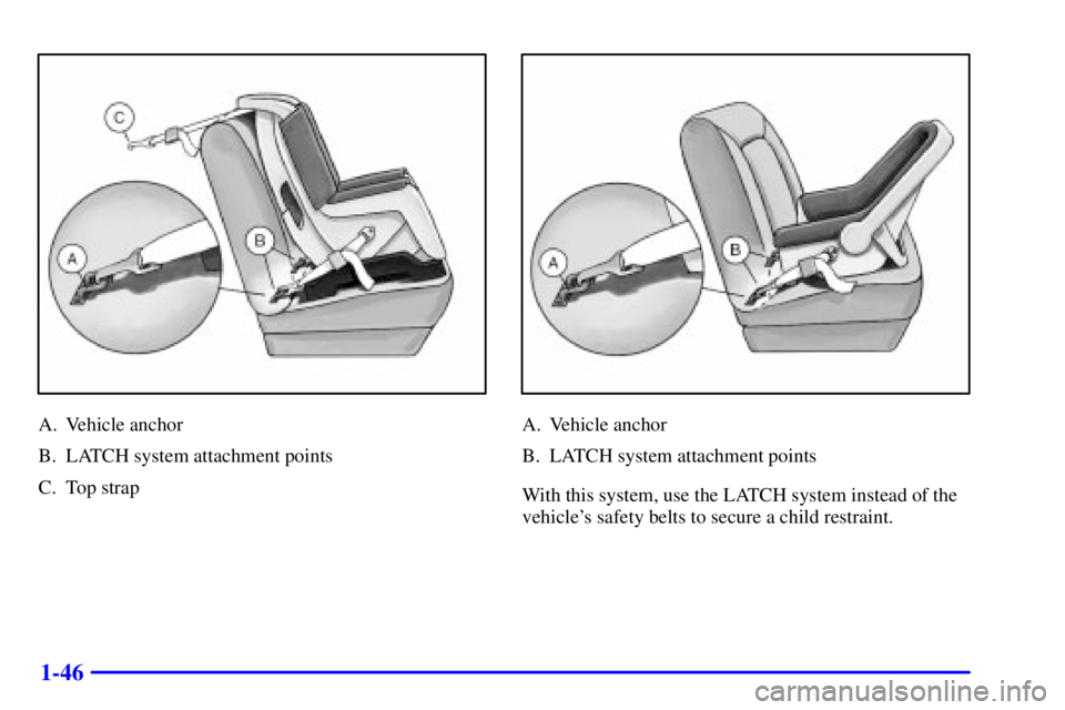 BUICK REGAL 2002 Workshop Manual 1-46
A. Vehicle anchor
B. LATCH system attachment points
C. Top strapA. Vehicle anchor
B. LATCH system attachment points
With this system, use the LATCH system instead of the
vehicles safety belts to