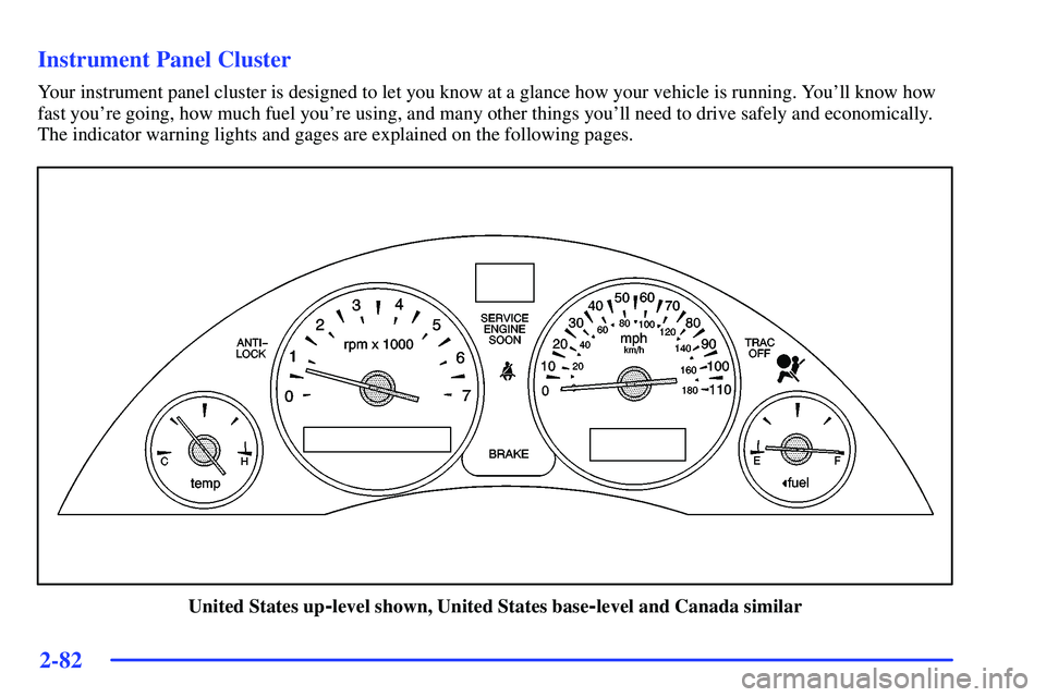 BUICK RANDEZVOUS 2002  Owners Manual 2-82
Instrument Panel Cluster
Your instrument panel cluster is designed to let you know at a glance how your vehicle is running. Youll know how
fast youre going, how much fuel youre using, and many