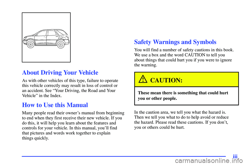 BUICK RANDEZVOUS 2002  Owners Manual iii
About Driving Your  Vehicle
CAUTION:
These mean the re is something that could hurt
In the caution area, we tell you what the hazard is.  