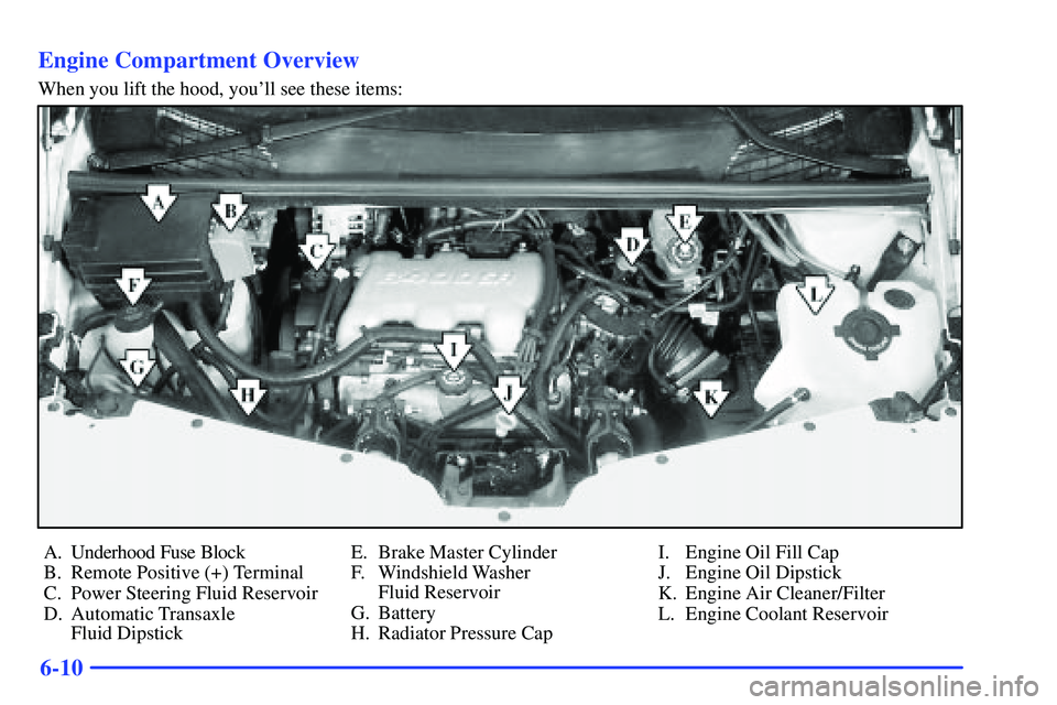 BUICK RANDEZVOUS 2002  Owners Manual 6-10 Engine Compartment Overview
When you lift the hood, youll see these items:
A. Underhood Fuse Block
B. Remote Positive (+) Terminal
C. Power Steering Fluid Reservoir
D. Automatic Transaxle 
Fluid