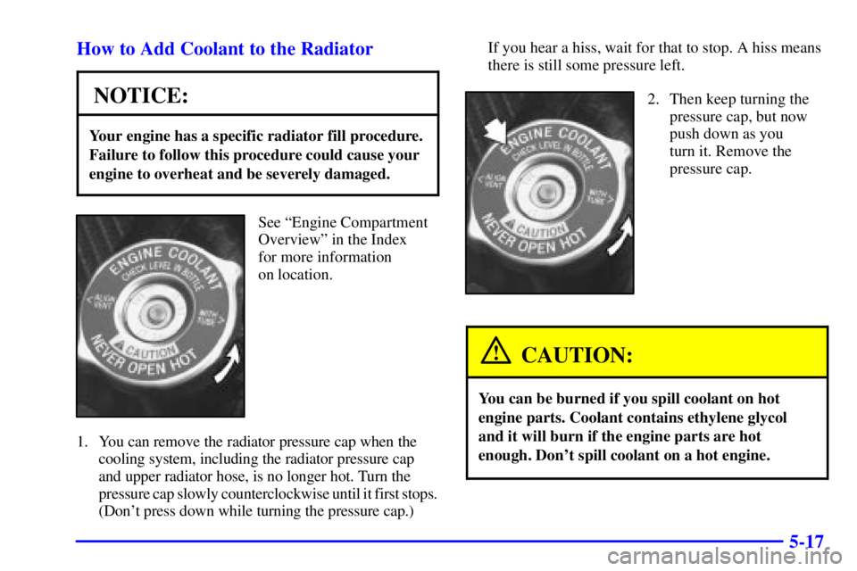 BUICK CENTURY 2001  Owners Manual 5-17 How to Add Coolant to the Radiator
NOTICE:
Your engine has a specific radiator fill procedure.
Failure to follow this procedure could cause your
engine to overheat and be severely damaged.
See ª