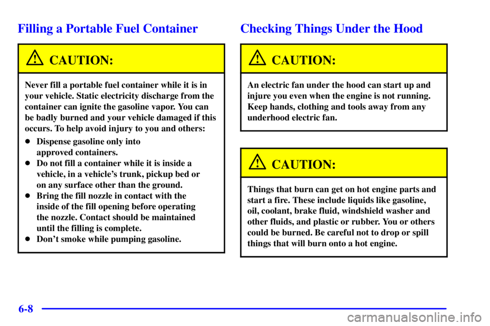 BUICK CENTURY 2001 User Guide 6-8
Filling a Portable Fuel Container
CAUTION:
Never fill a portable fuel container while it is in
your vehicle. Static electricity discharge from the
container can ignite the gasoline vapor. You can
