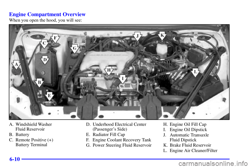 BUICK CENTURY 2001  Owners Manual 6-10 Engine Compartment Overview
When you open the hood, you will see:
A. Windshield Washer 
Fluid Reservoir
B. Battery
C. Remote Positive (+) 
Battery TerminalD. Underhood Electrical Center
(Passenge