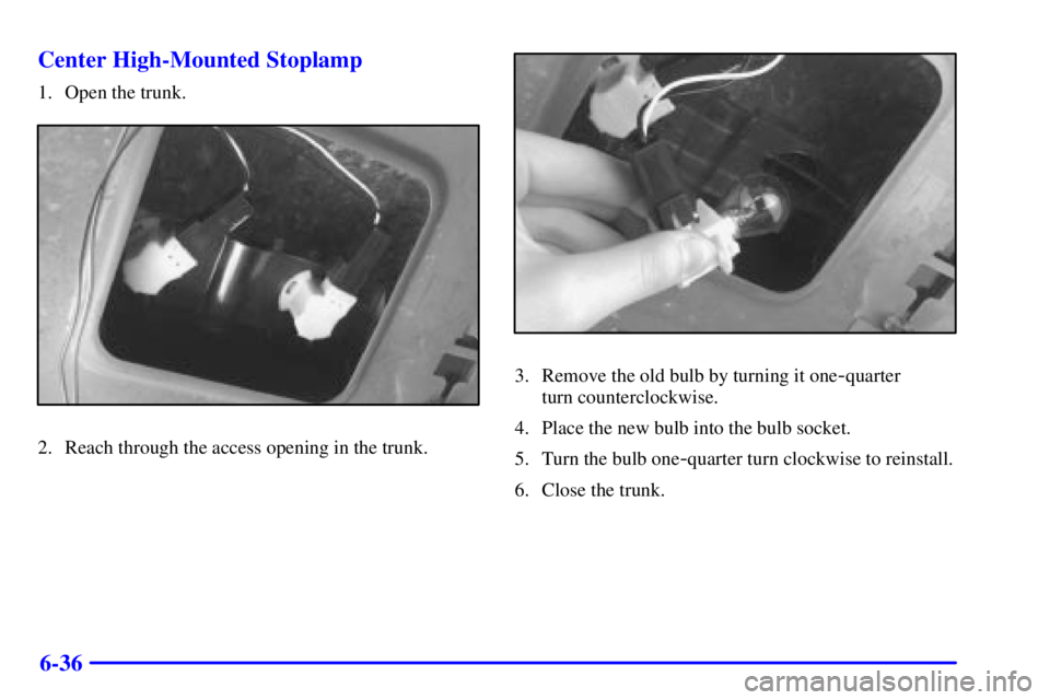 BUICK CENTURY 2001  Owners Manual 6-36 Center High-Mounted Stoplamp
1. Open the trunk.
2. Reach through the access opening in the trunk.
3. Remove the old bulb by turning it one-quarter 
turn counterclockwise.
4. Place the new bulb in