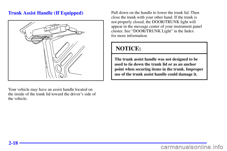 BUICK CENTURY 2001  Owners Manual 2-18 Trunk Assist Handle (If Equipped)
Your vehicle may have an assist handle located on 
the inside of the trunk lid toward the drivers side of 
the vehicle.Pull down on the handle to lower the trun