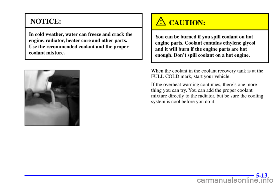 BUICK LESABRE 2001  Owners Manual 5-13
NOTICE:
In cold weather, water can freeze and crack the
engine, radiator, heater core and other parts. 
Use the recommended coolant and the proper
coolant mixture.
CAUTION:
You can be burned if y