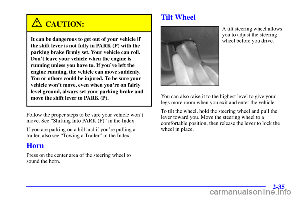 BUICK PARK AVENUE 2001  Owners Manual 2-35
CAUTION:
It can be dangerous to get out of your vehicle if
the shift lever is not fully in PARK (P) with the
parking brake firmly set. Your vehicle can roll.
Dont leave your vehicle when the eng